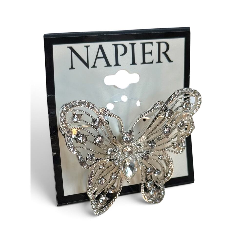 NAPIER Butterfly Brooch Pin Silver Tone Clear Rhinestone Insect Signed - Picture 4 of 4